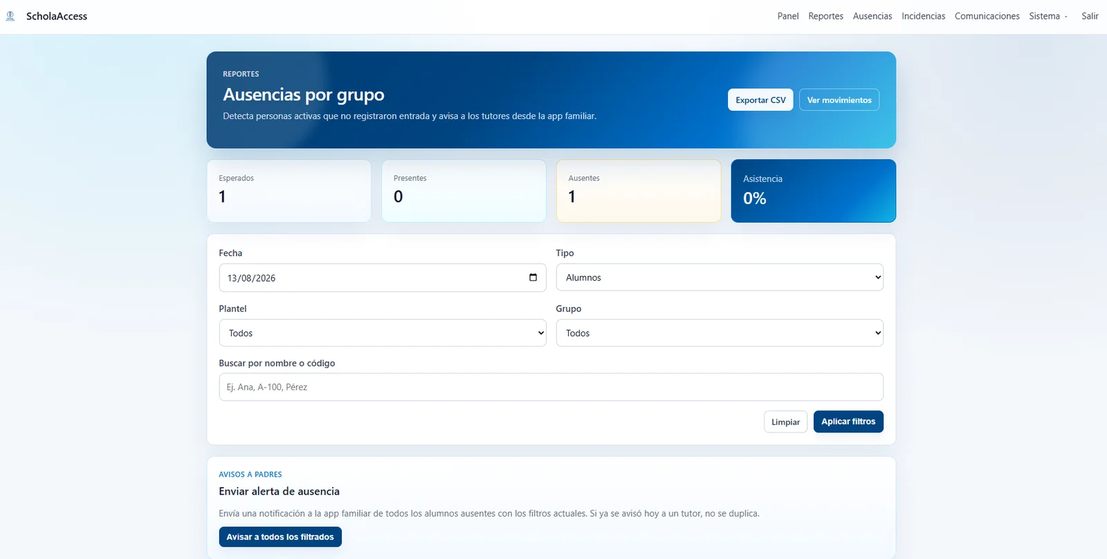 Ausencias por grupo ScholaAccess